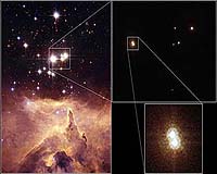 The small open star cluster Pismis 24 lies in the core of the large emission nebula NGC 6357 in Sagittarius, about 8,000 light-years away from Earth. Some of the stars in this cluster are extremely massive and emit intense ultraviolet radiation.The brightest object in the picture is designated Pismis 24-1.