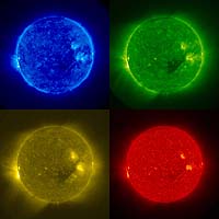 A mosaic of the extreme ultraviolet images from STEREO's SECCHI/Extreme Ultraviolet Imaging Telescope taken on Dec. 4, 2006. These false color images show the sun's atmospheres at a range of different temperatures. Clockwise from top left: 1 million degrees C (171 A), 1.5 million C (195 A), 60,000-80,000 (304 A), and 2.5 million C (286 A). Credit: NASA