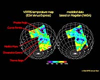 The temperature maps of the Venusian surface shown in this image were built thanks to direct measurements obtained by Venus Express' VIRTIS instruments (left), compared with surface temperature predictions based on the Magellan topographic data obtained in the early 1990s (right). Credits: ESA/VIRTIS-VenusX Team